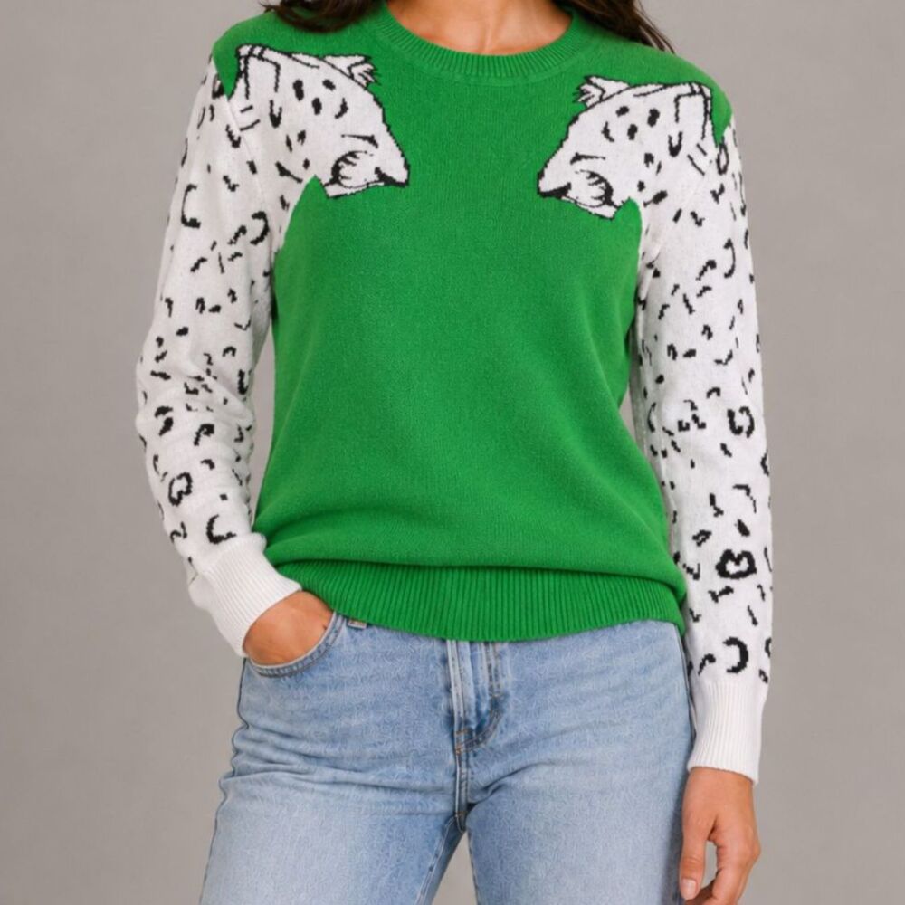 Green Leopard Cat Statement Sweater Size Small